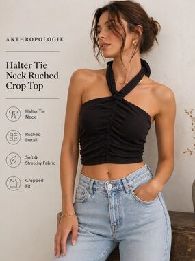 Anthropologie Halter Tie Neck Ruched Crop Top Black Size L